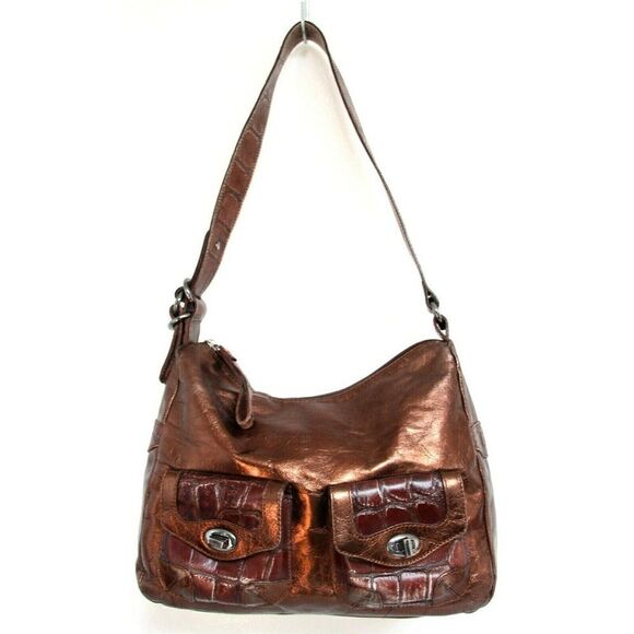 NUOVEDIVE Italy BRONZE CROCO BROWN GENUINE LEATHER ZIP TOP SHOULDER BAG HANDBAG - Picture 2 of 12